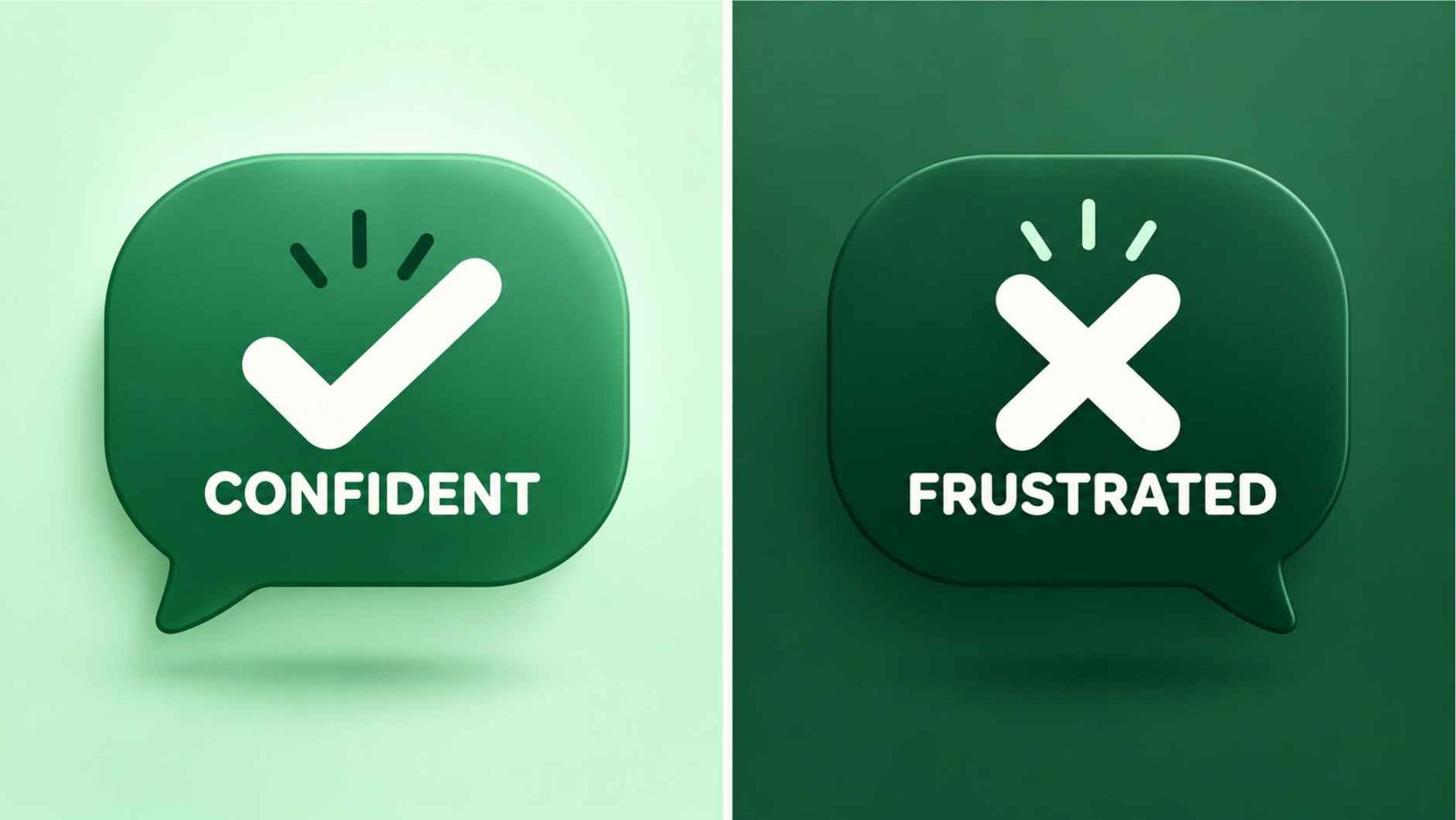 Split-screen graphic showing a checkmark speech bubble on one side and an X speech bubble on the other