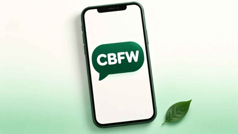 Smartphone screen showing a text bubble with the letters CBFW in bold green type