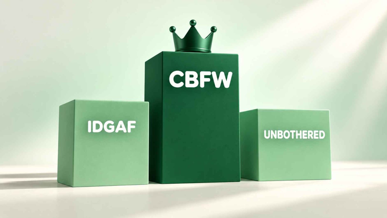 Three word blocks on pedestals labeled CBFW, IDGAF, and unbothered, arranged for comparison