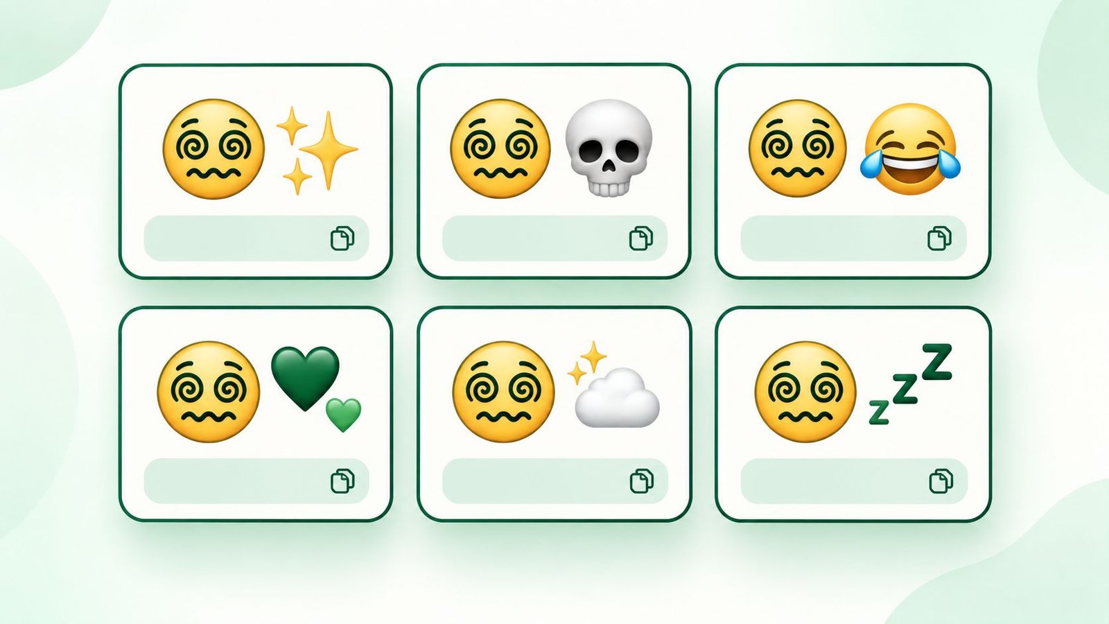 Grid of emoji combination cards labeled with different emotions like stress and shock