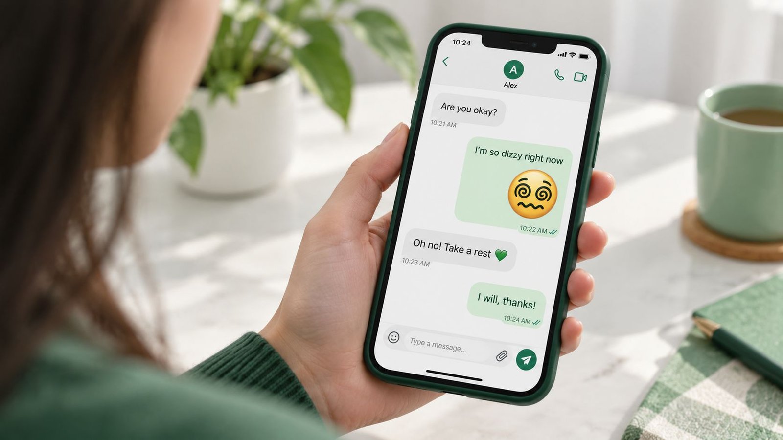 Person looking at phone with a surprised expression while reading a dramatic text message