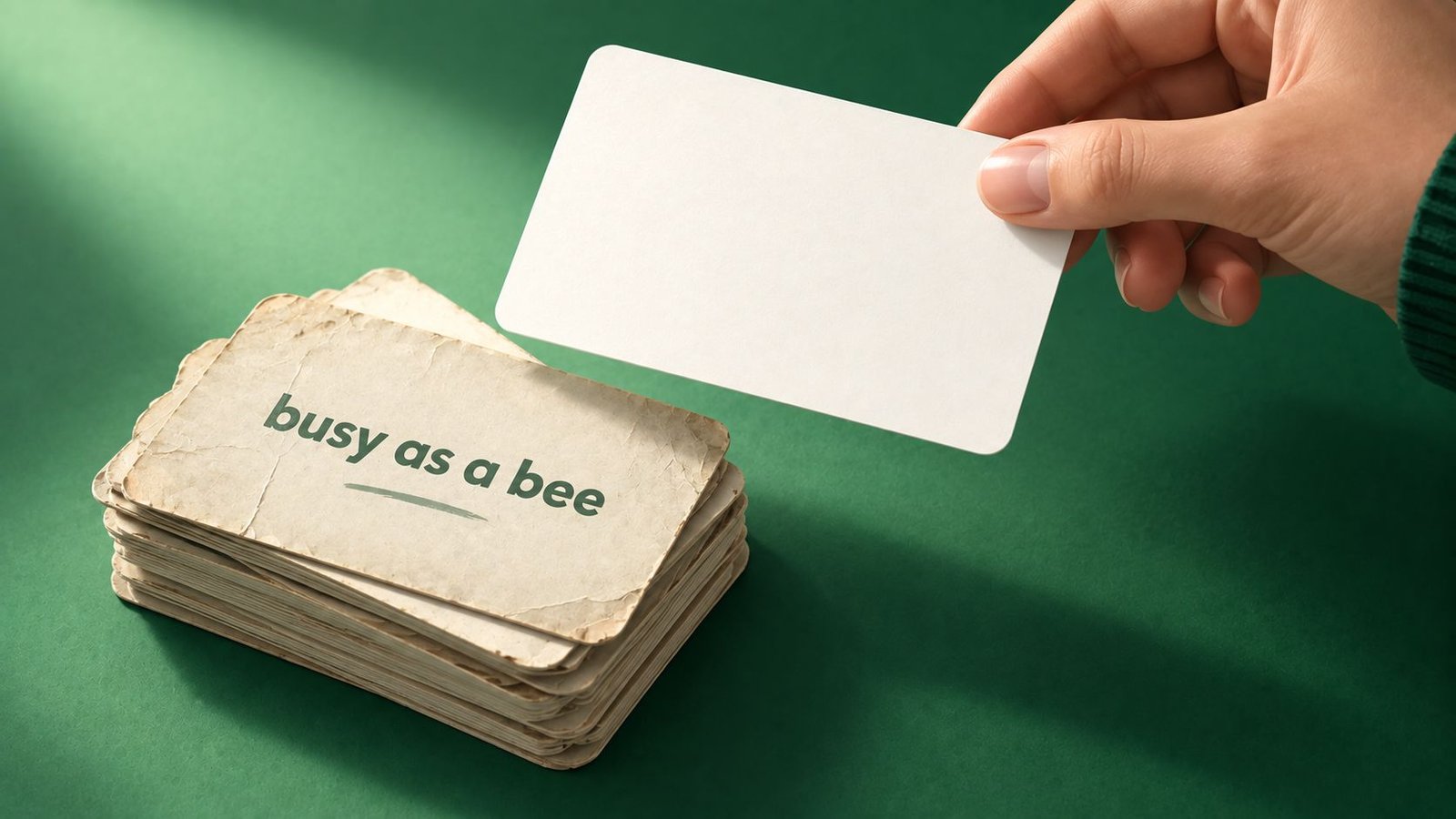 Close up of a worn stack of cream cards with the top card reading busy as a bee and one fresh card lifted out