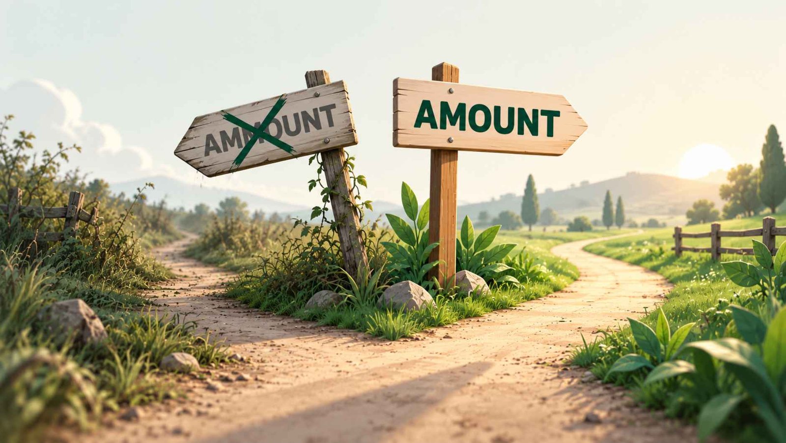 A forked dirt path illustration with a crossed-out sign reading ammount and a clear sign reading amount