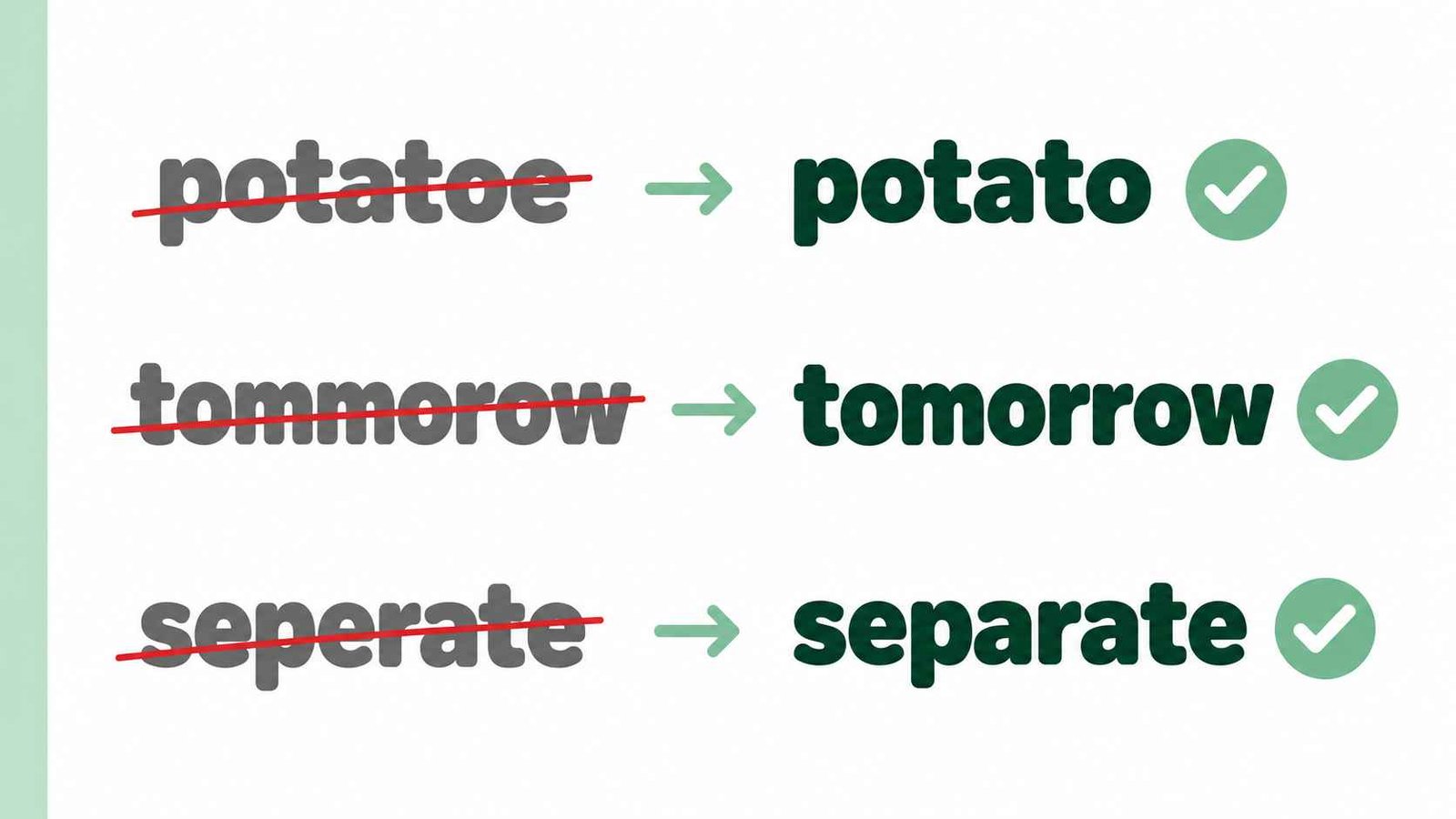 Editorial graphic listing common potato spelling mistakes with incorrect forms crossed out beside correct forms