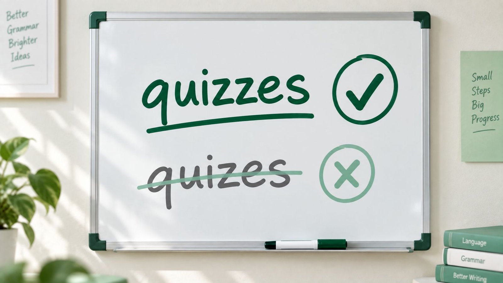 Correct and incorrect check marks beside two versions of the word quizzes on a whiteboard