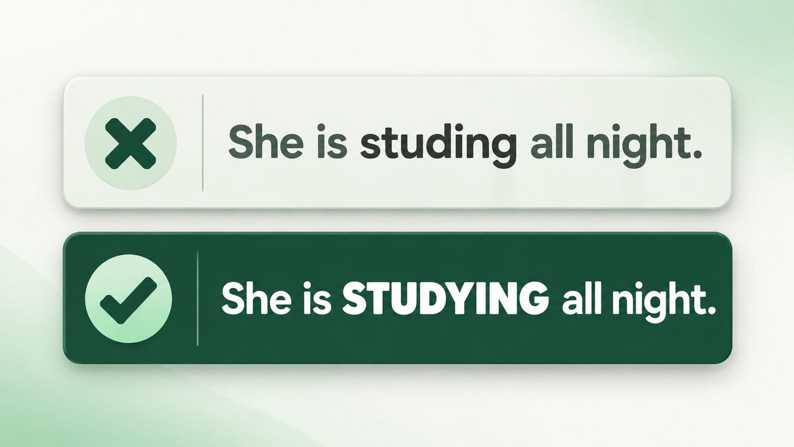 Correct and incorrect sentence cards showing common studying spelling mistakes