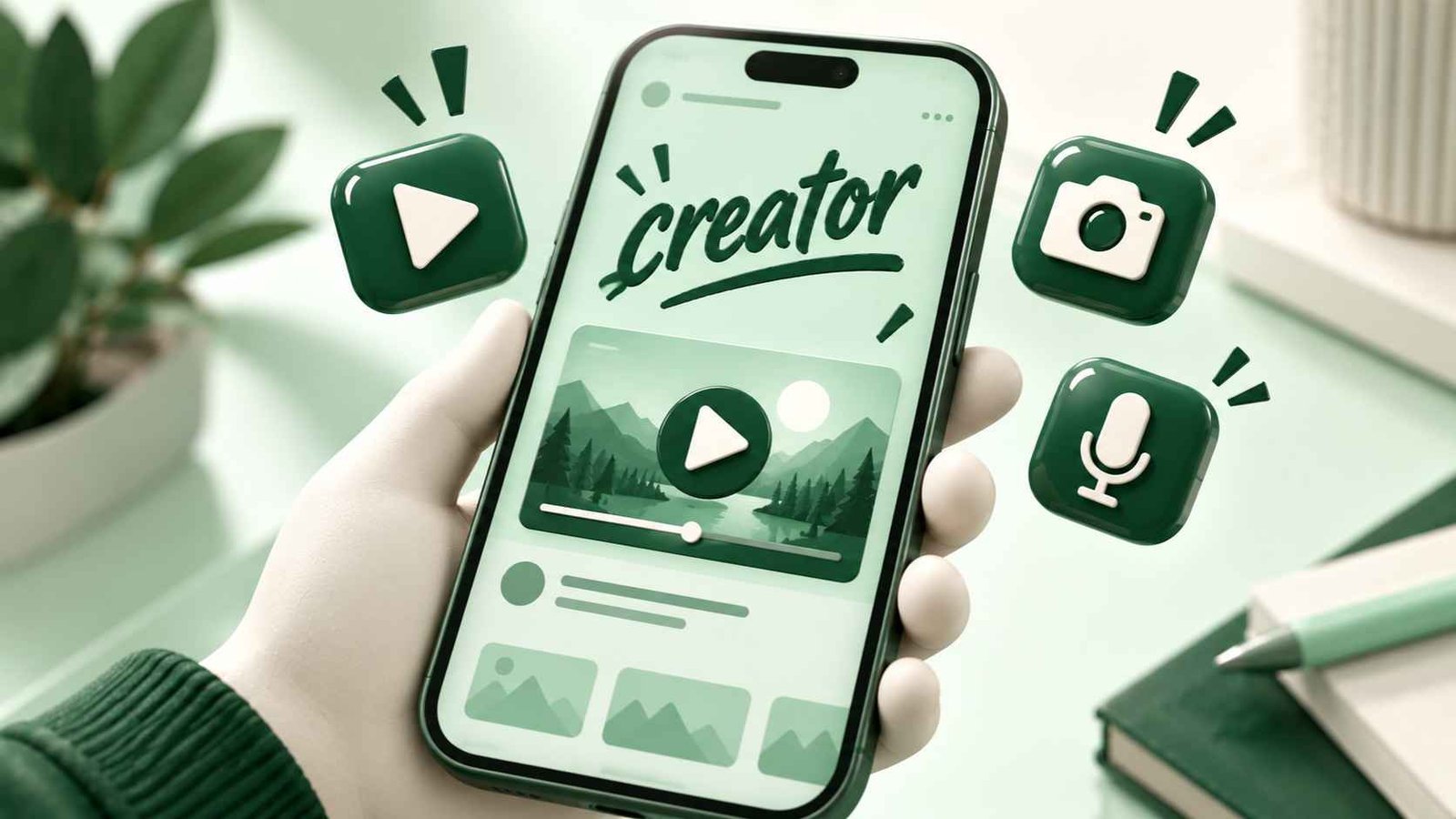 Glossy 3D smartphone in a stylized hand with floating play, camera, and microphone icons and the word creator on screen