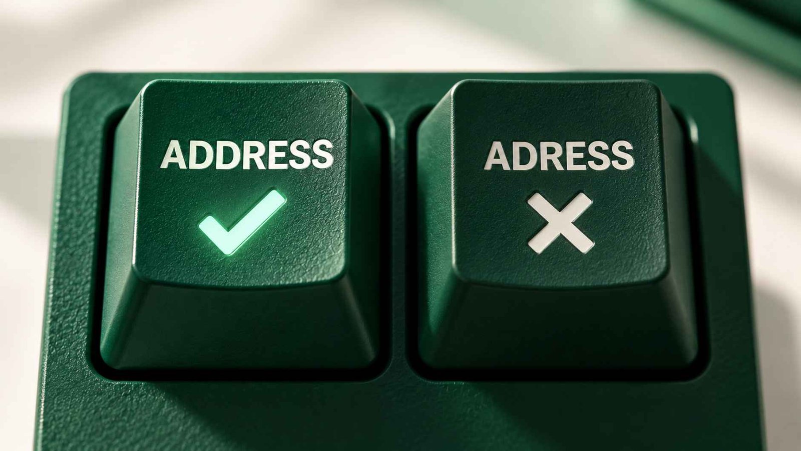 Close-up of a keyboard key comparing correct and incorrect address spelling