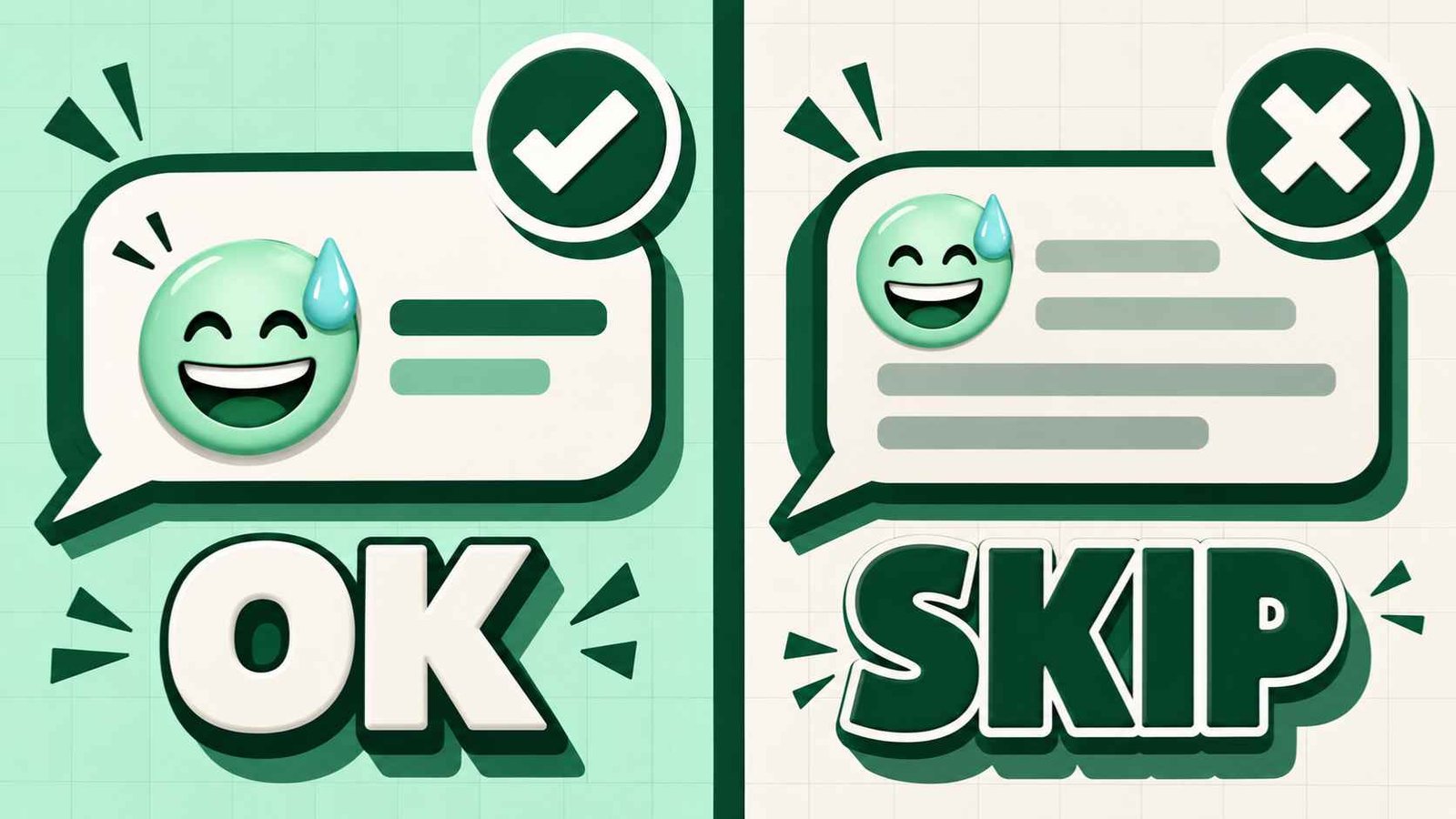 Split poster with a green check beside a casual apology bubble and a cross beside a serious message bubble