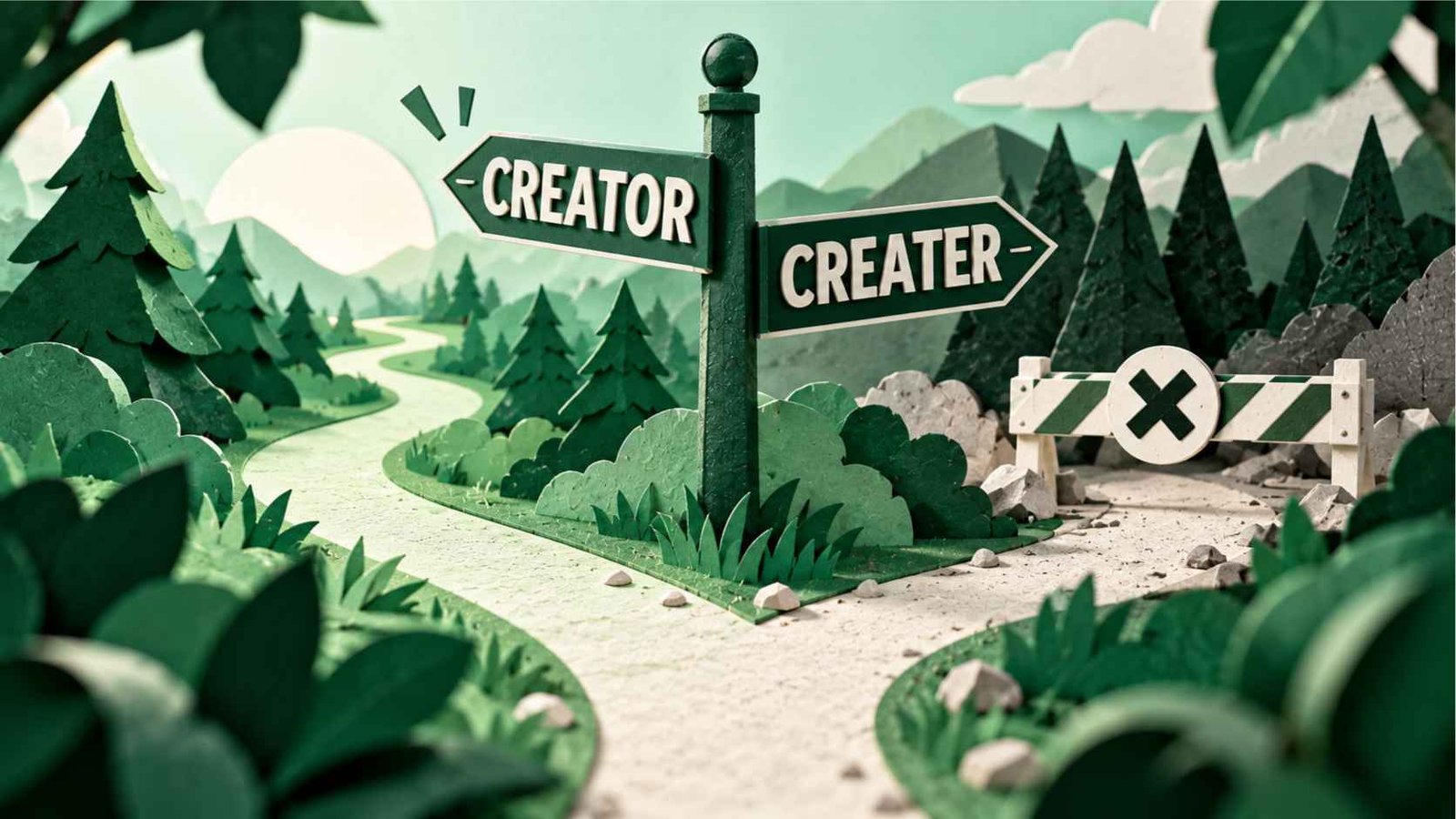 Paper-cut forest path splitting at a signpost, with a clear route to CREATOR and a blocked route to CREATER