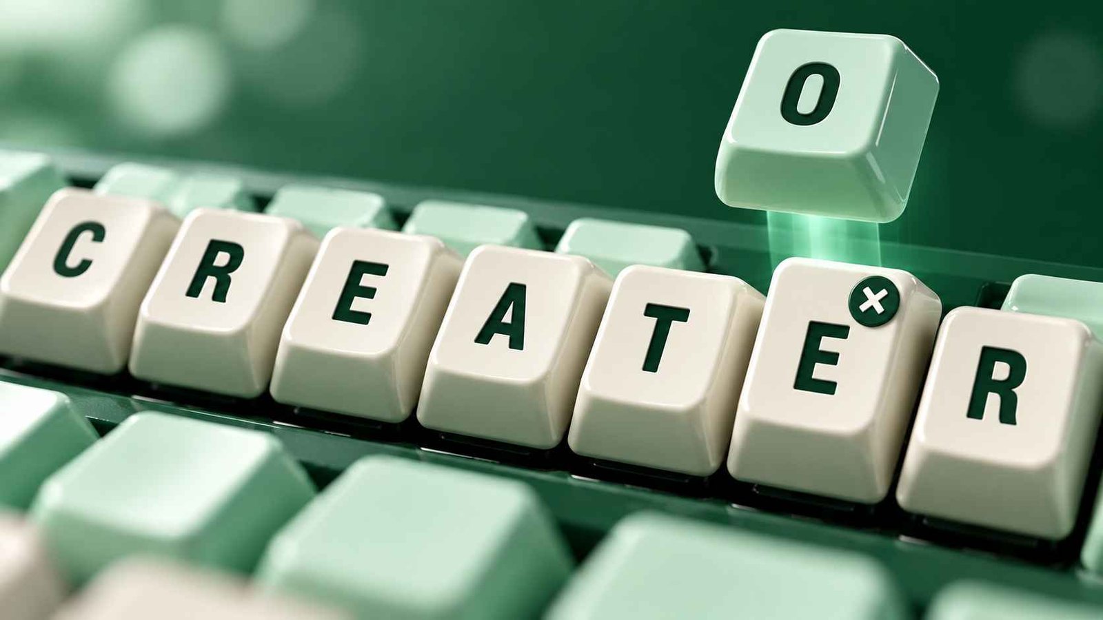 Macro shot of keycaps spelling CREATER with the last E flagged and a lifted O keycap as the fix