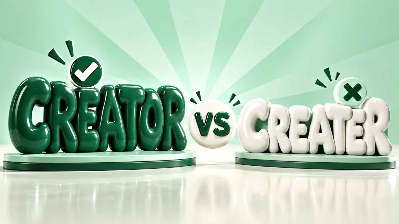 Two puffy 3D words, CREATOR in forest green and CREATER in white, facing off around a VS badge