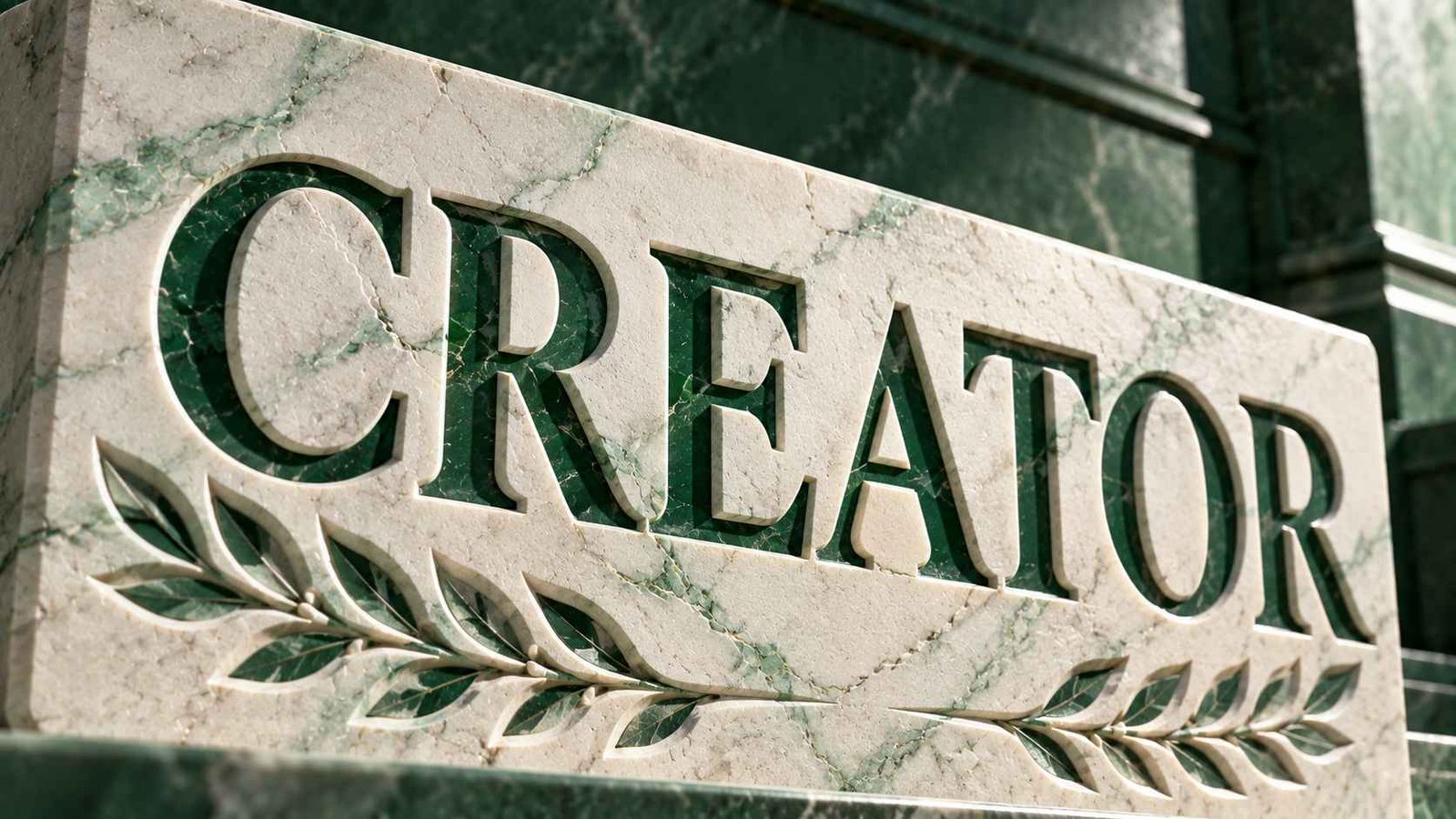 Off-white marble slab with the word CREATOR carved in Roman capitals and filled with green paint