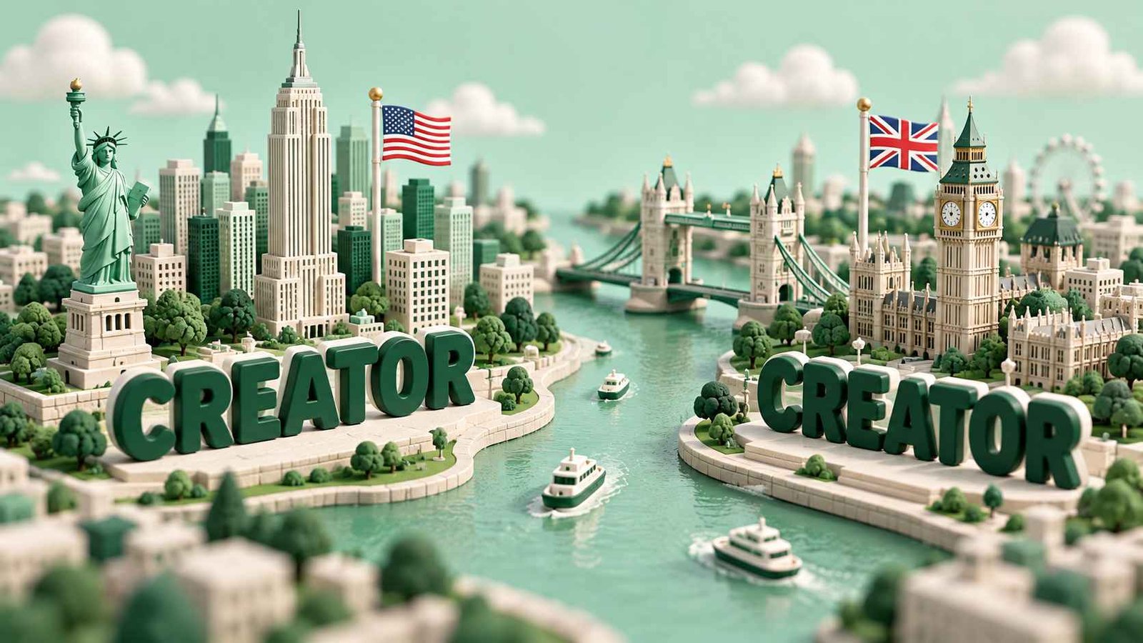 Clay miniature of New York and London skylines with US and UK flags and the word creator on both sides