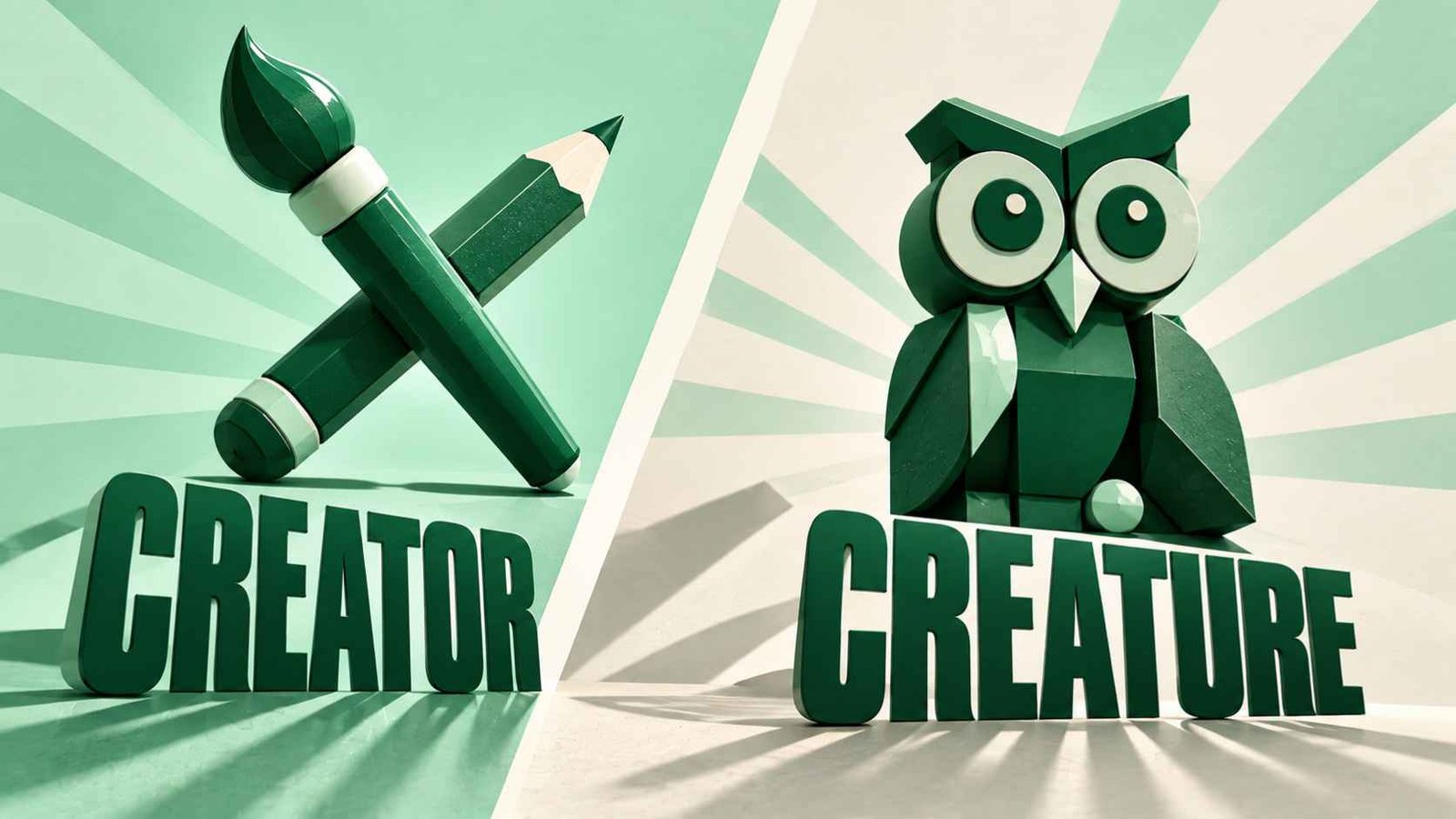 Constructivist 3D poster with brush and pencil labeled CREATOR beside a geometric green owl labeled CREATURE