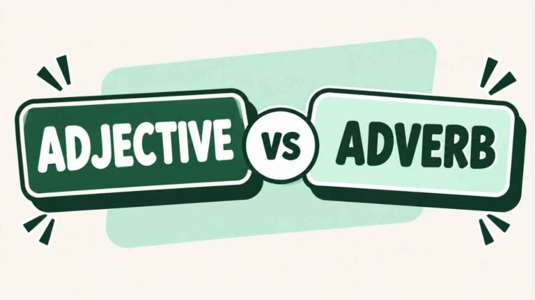 Two bold stickers reading ADJECTIVE and ADVERB separated by a vs circle on a mint and off white background.