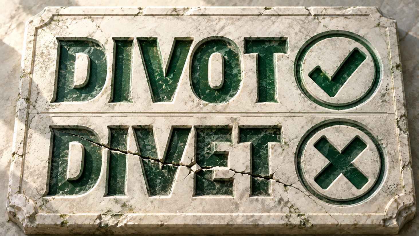 Stone relief carving showing the word divot marked with a check and the word divet marked with an X