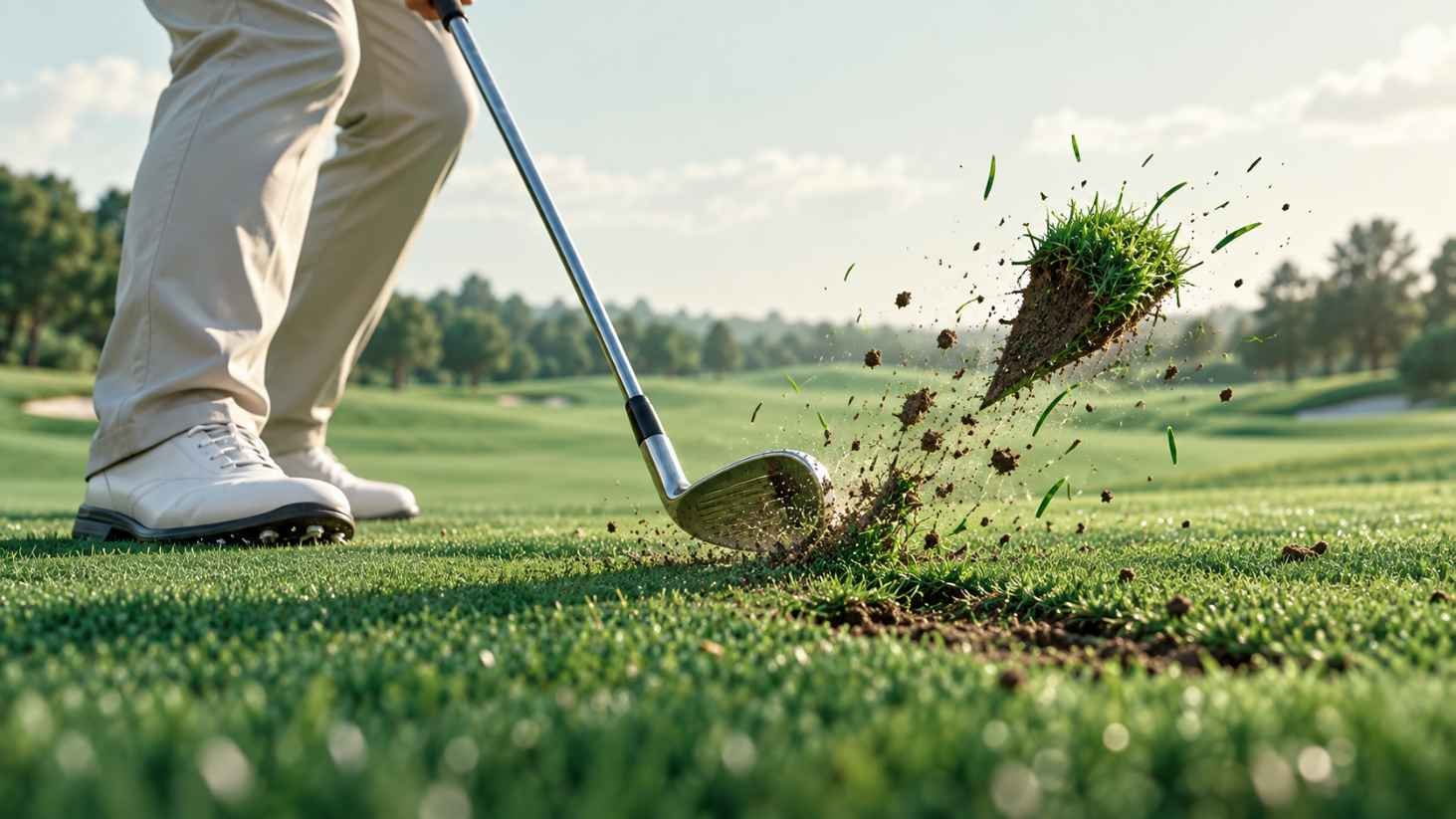 Golfer mid-swing on a fairway with a chunk of turf lifting into the air after impact