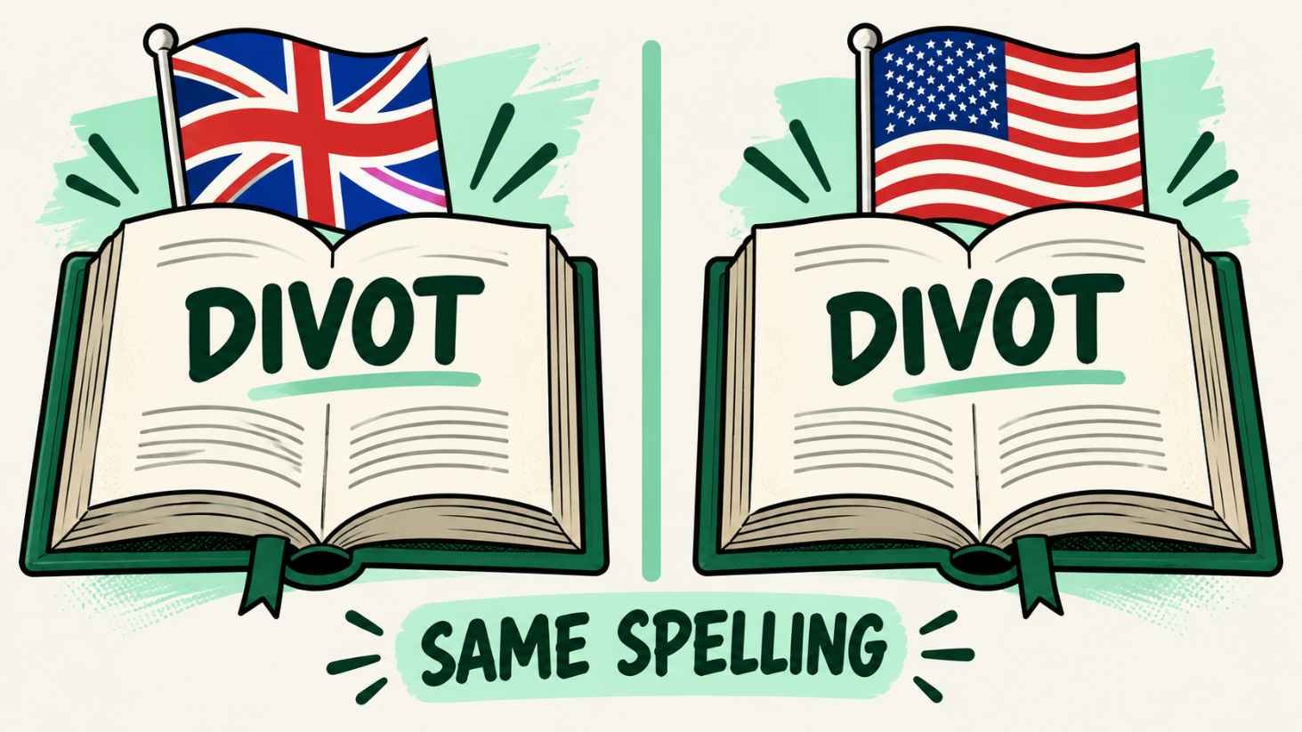 Split-screen graphic showing the same word divot appearing correctly in both a UK and a US open dictionary