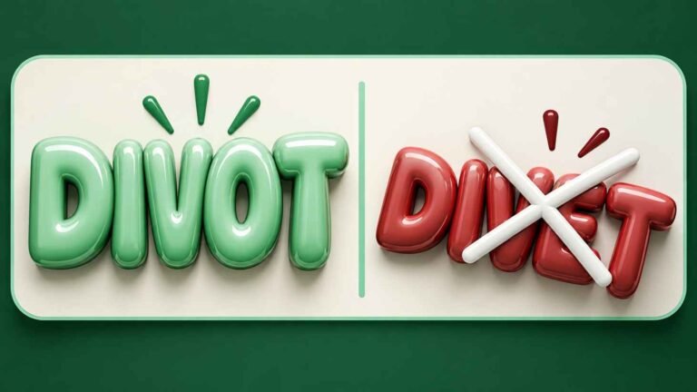 Bold showdown graphic comparing the word DIVOT against a crossed-out DIVET on a green background
