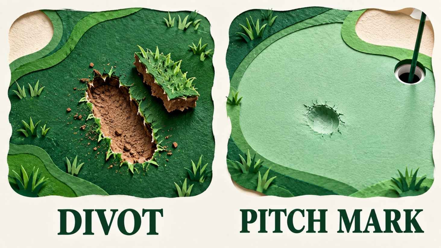 Aerial diagram comparing a torn divot on the fairway with a small dented pitch mark on the putting green