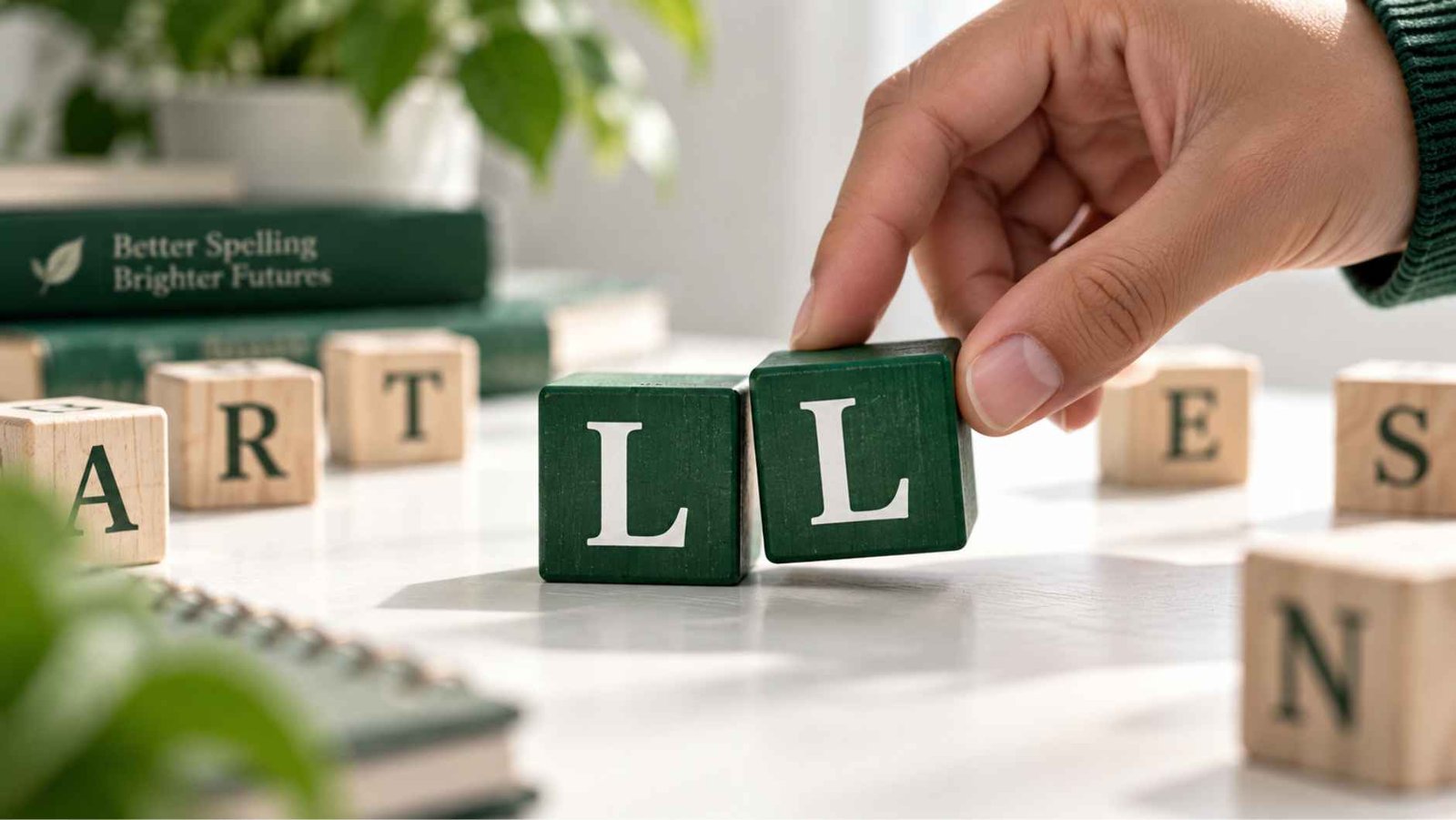 Hand arranging green letter blocks spelling a doubled L pattern on a white tabletop.