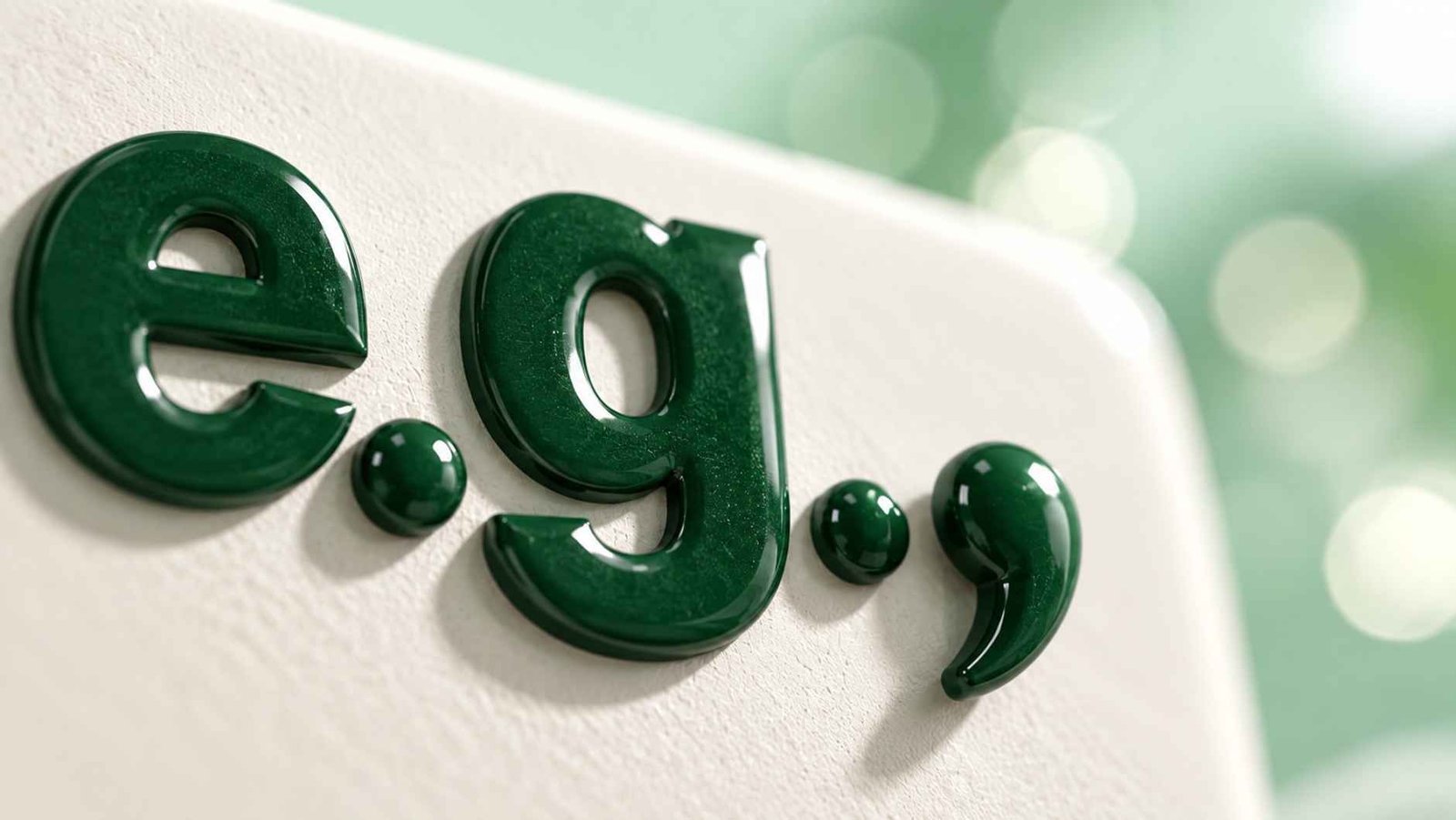Extreme macro close-up of a glossy 3D comma and period symbol beside the letters "e.g."