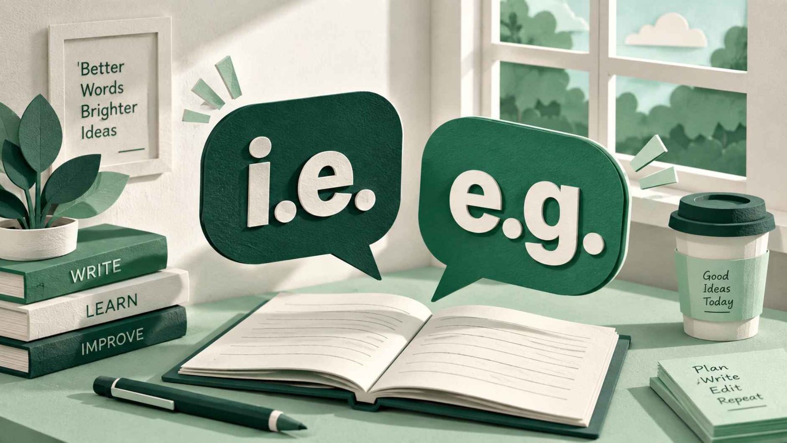 Layered paper-cut diorama of a desk scene with two glowing labels reading "i.e." and "e.g." above open notebooks.