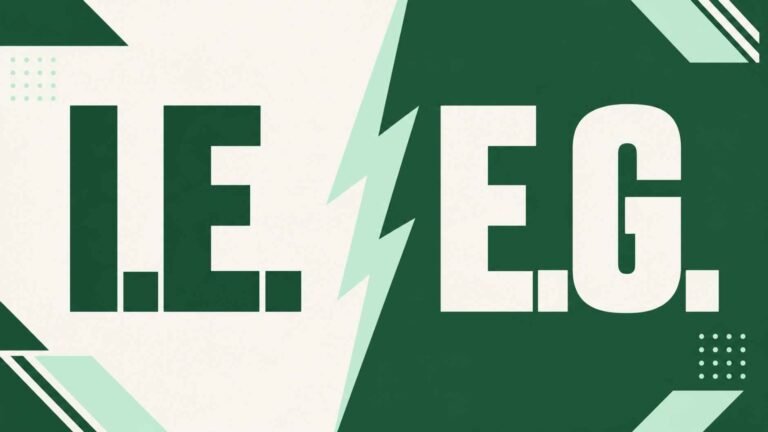 Bold poster-style graphic showing "i.e." and "e.g." facing off as a versus matchup.