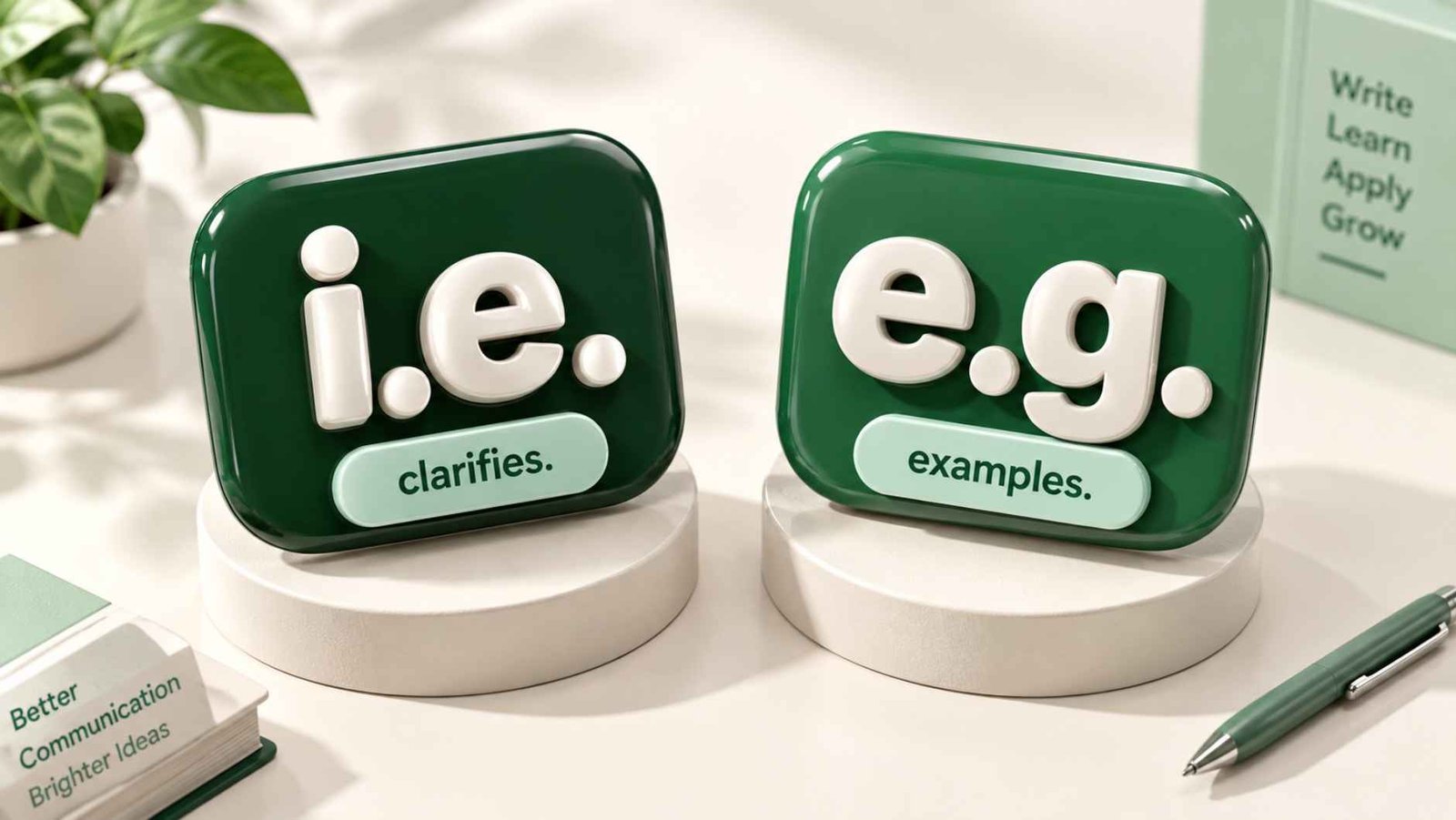 Two glossy 3D plaques labeled "i.e." and "e.g." displayed side by side on pedestals with short definitions beneath each.