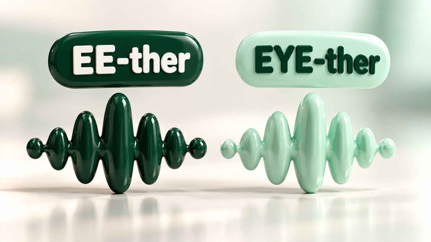 Macro close-up of two sound wave forms labeled EE-ther and EYE-ther rendered as glossy tech objects