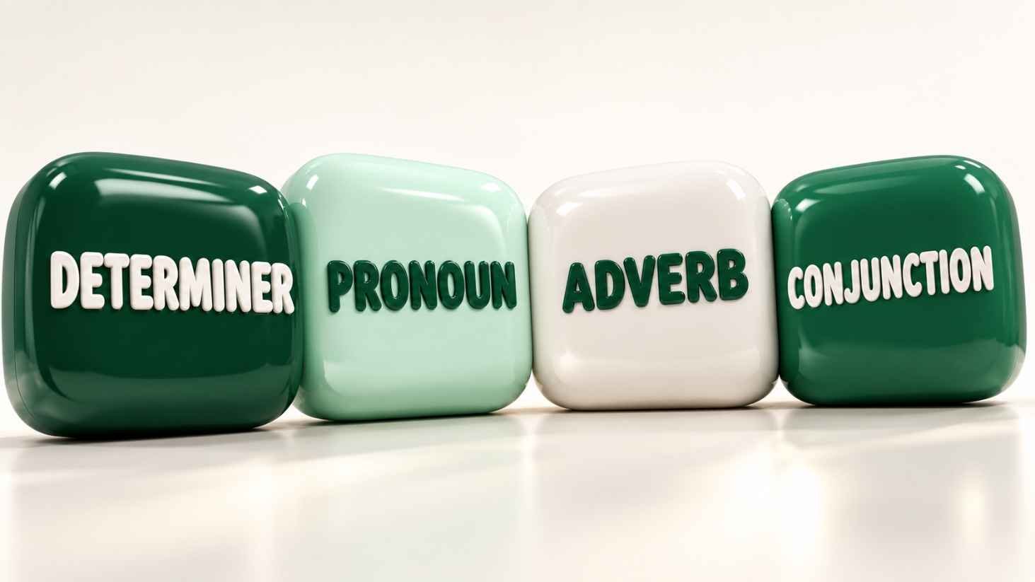 Four glossy 3D blocks labeled determiner, pronoun, adverb, and conjunction stacked in a row