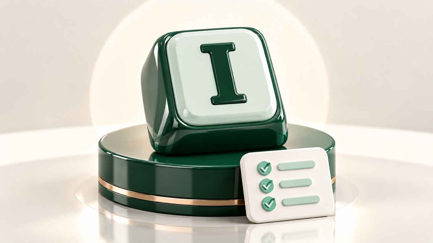 Glossy 3D pedestal display holding a keycap-style letter I above a small checklist card