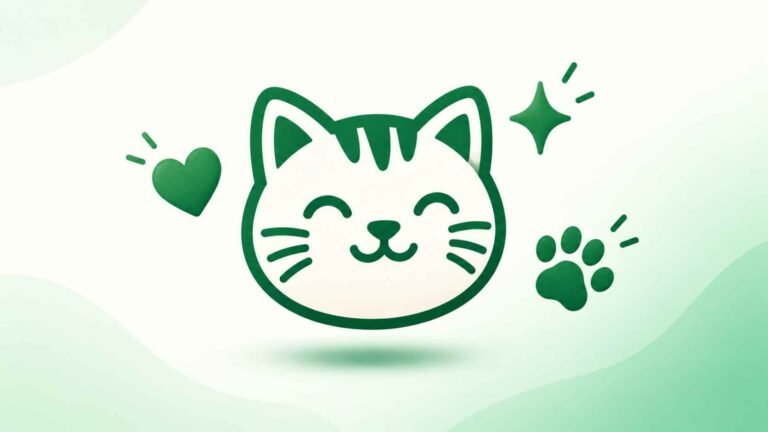Small illustrated cat face surrounded by heart and sparkle emoji symbols on a soft green background
