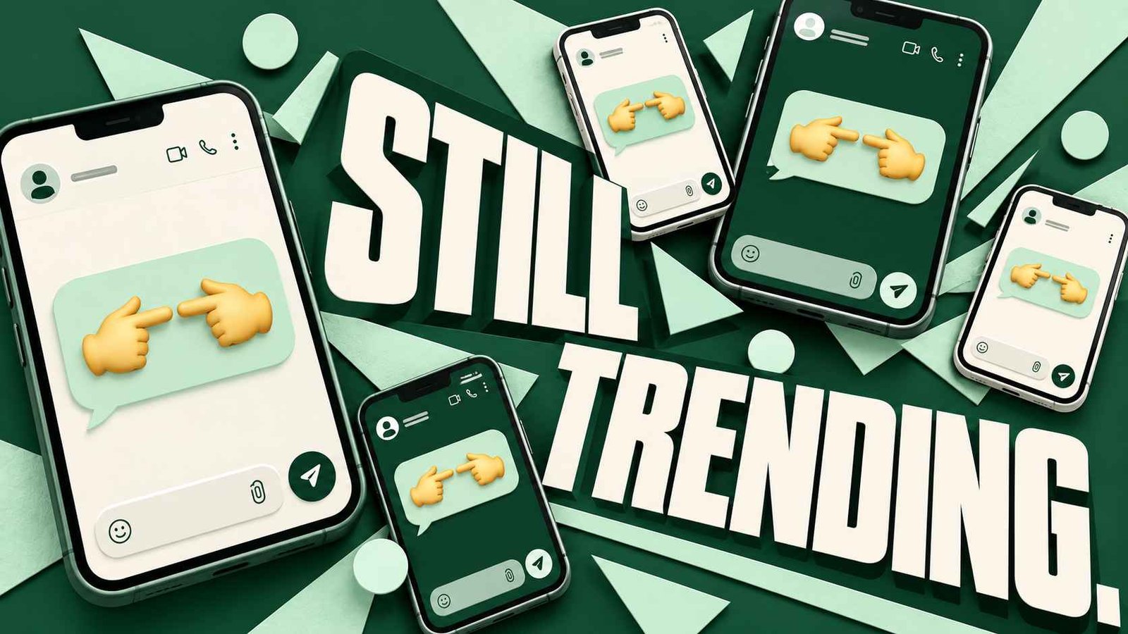 Diagonal poster style arrangement of phone screens and social app icons in green and white