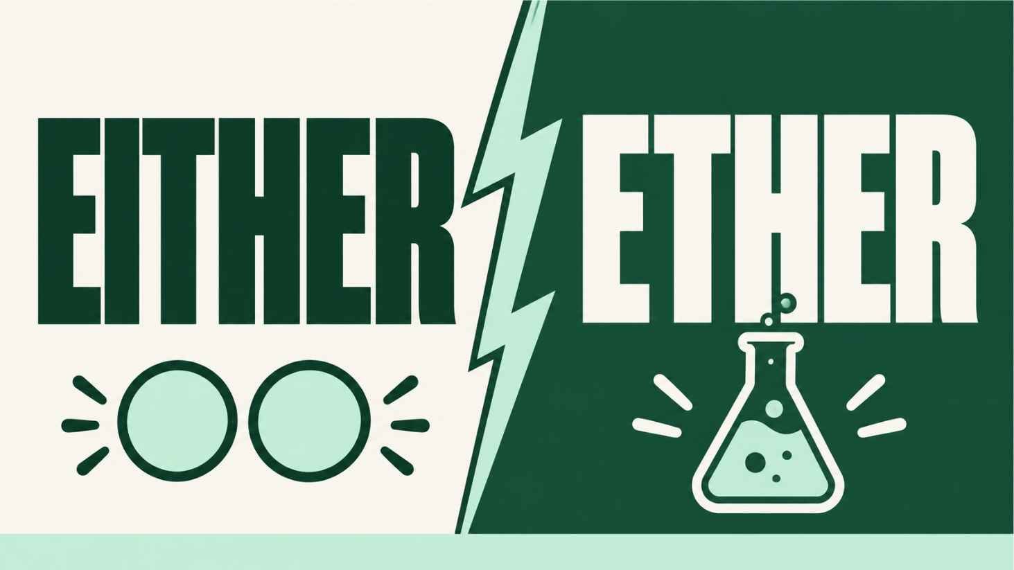Bold versus-style graphic splitting the words ether and either with a lightning divider