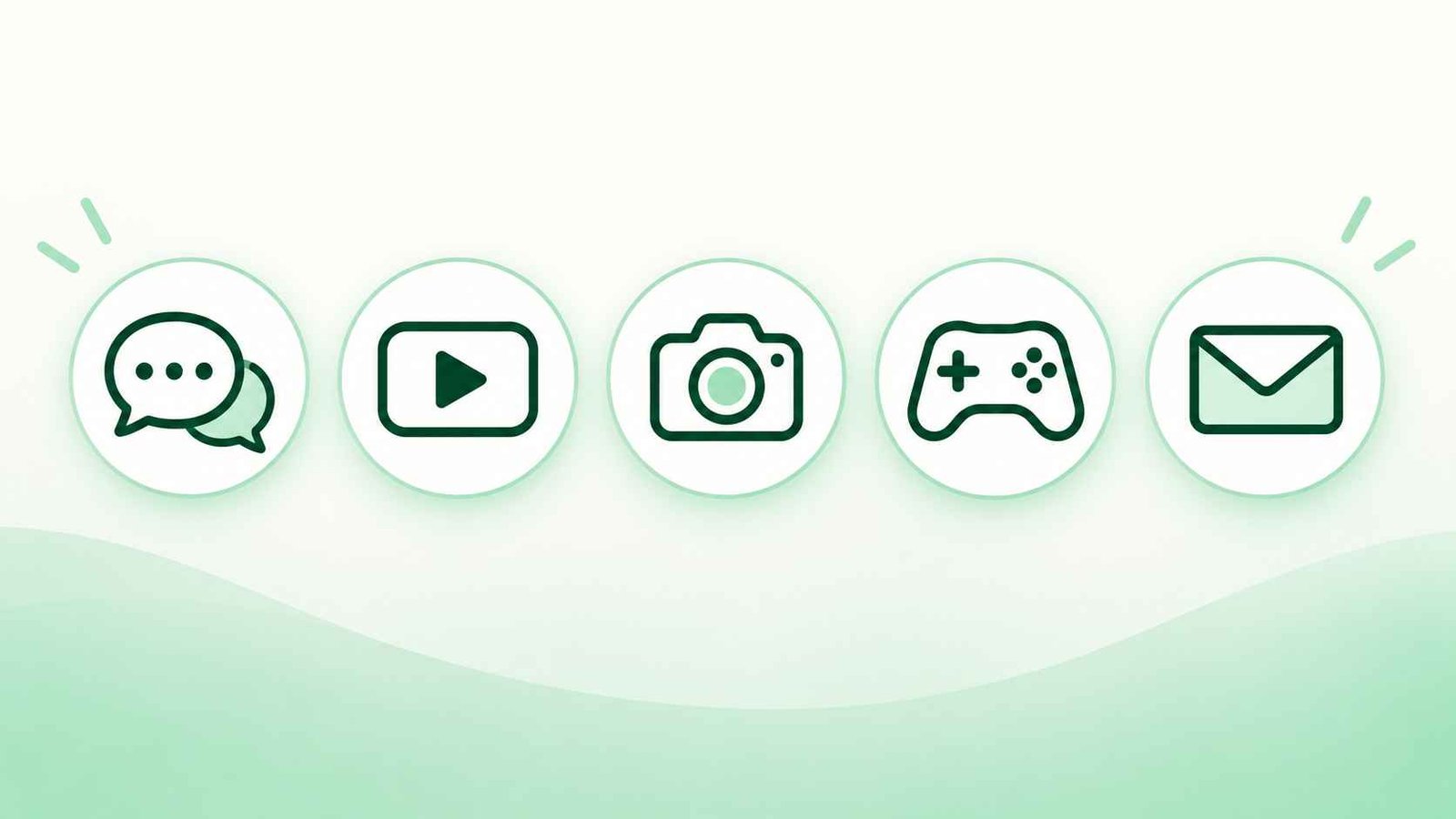 Row of simplified app icons representing TikTok, Snapchat, Instagram, and Discord on a green background