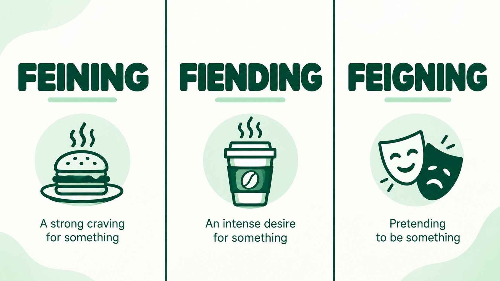 Three-column split graphic comparing the words feining, feigning, and fiending with simple icons