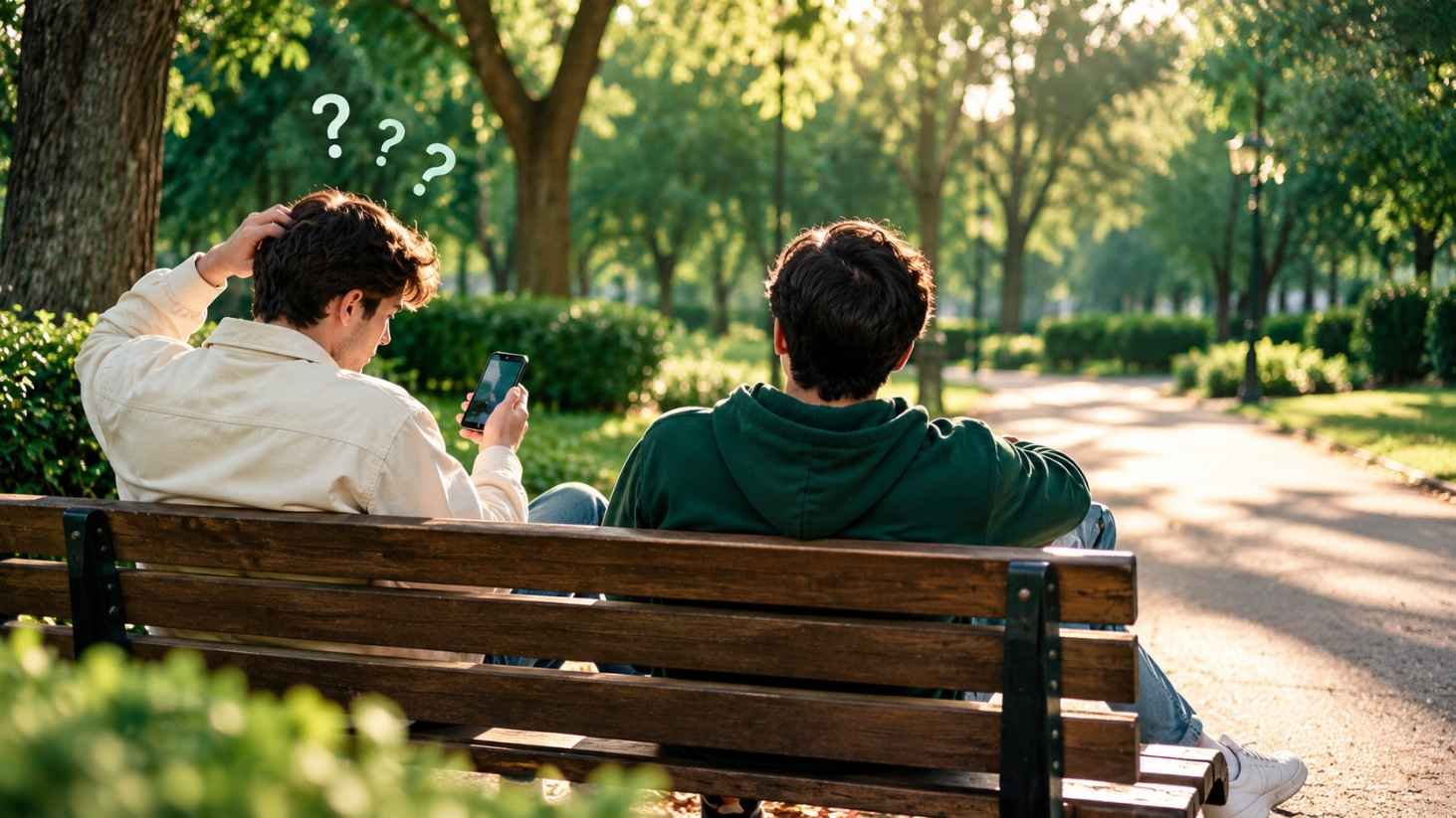 Young person on a park bench looking at a phone while a friend sits beside them in soft afternoon light