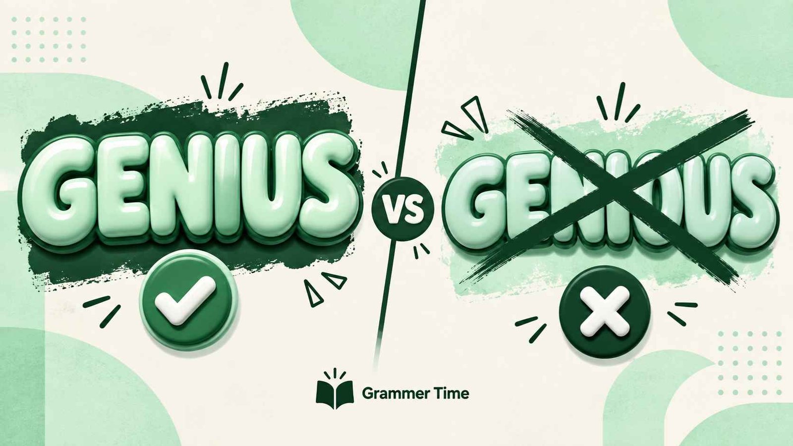 Bold versus-style graphic comparing the words genius and genious