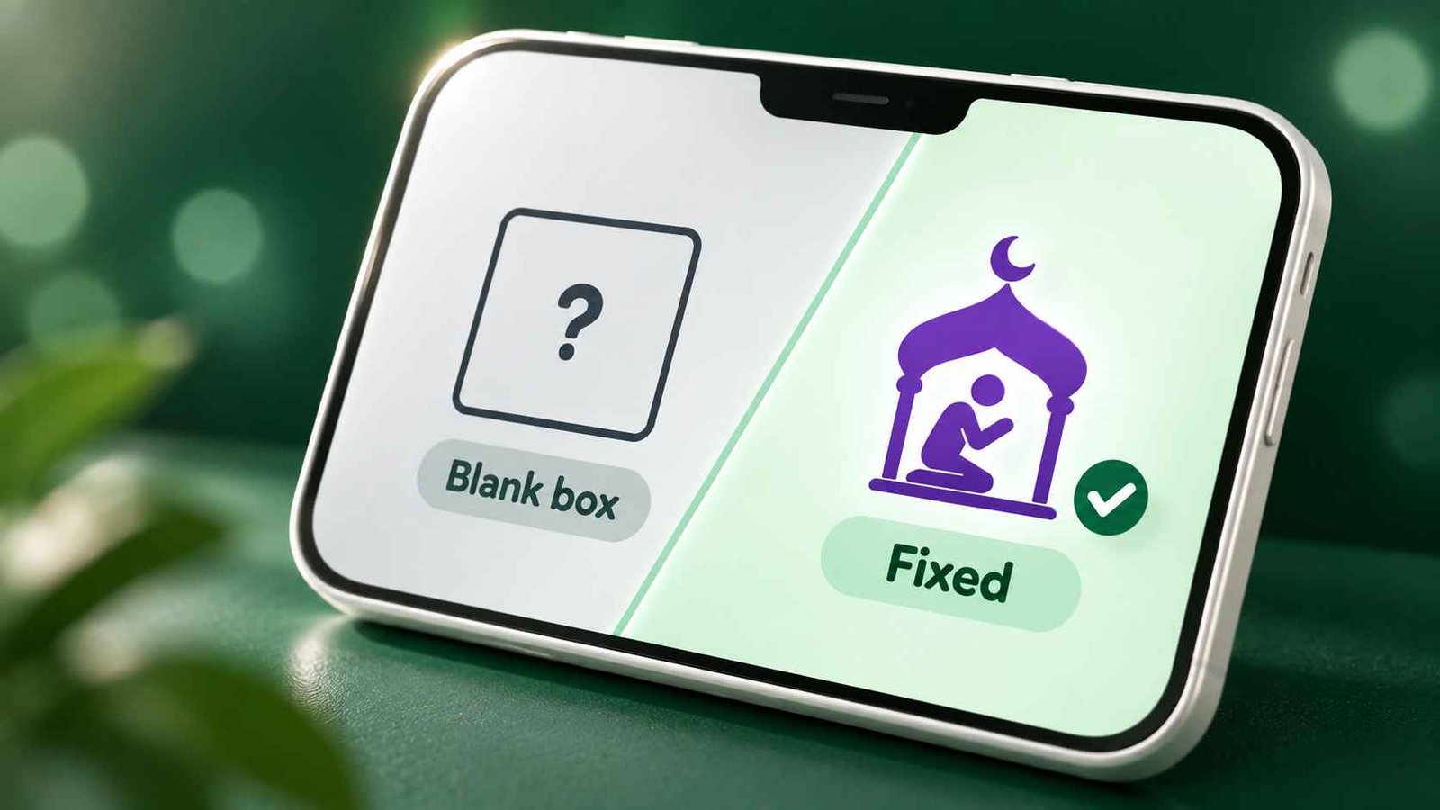 Angled smartphone screen split diagonally between an empty box placeholder and a correctly displayed place of worship icon