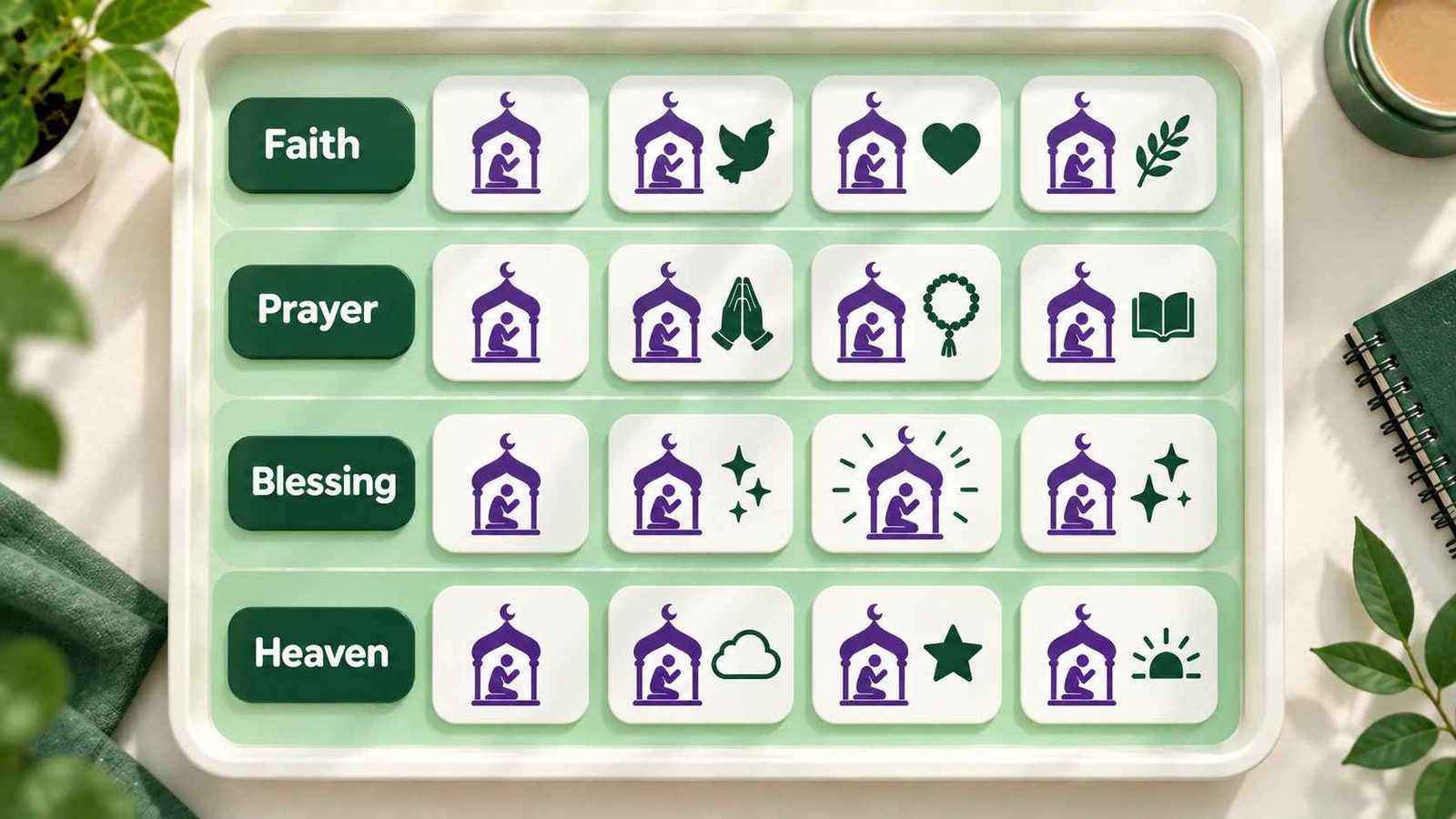 Top down view of a tray with four labeled rows of small white tiles, each showing a paired emoji style icon