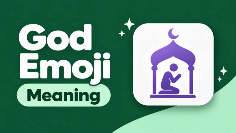 White tile with a violet kneeling figure icon beside the words God Emoji Meaning on a forest green background