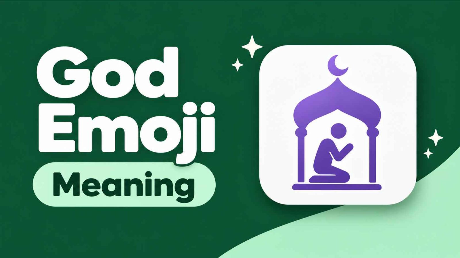White tile with a violet kneeling figure icon beside the words God Emoji Meaning on a forest green background
