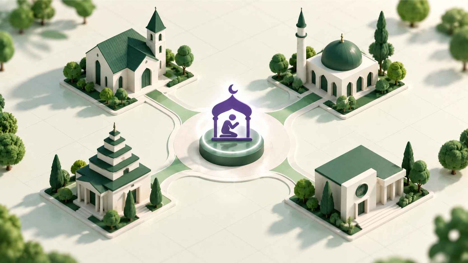 Isometric view of four buildings with different rooflines connected by mint paths to a glowing icon in a central plaza