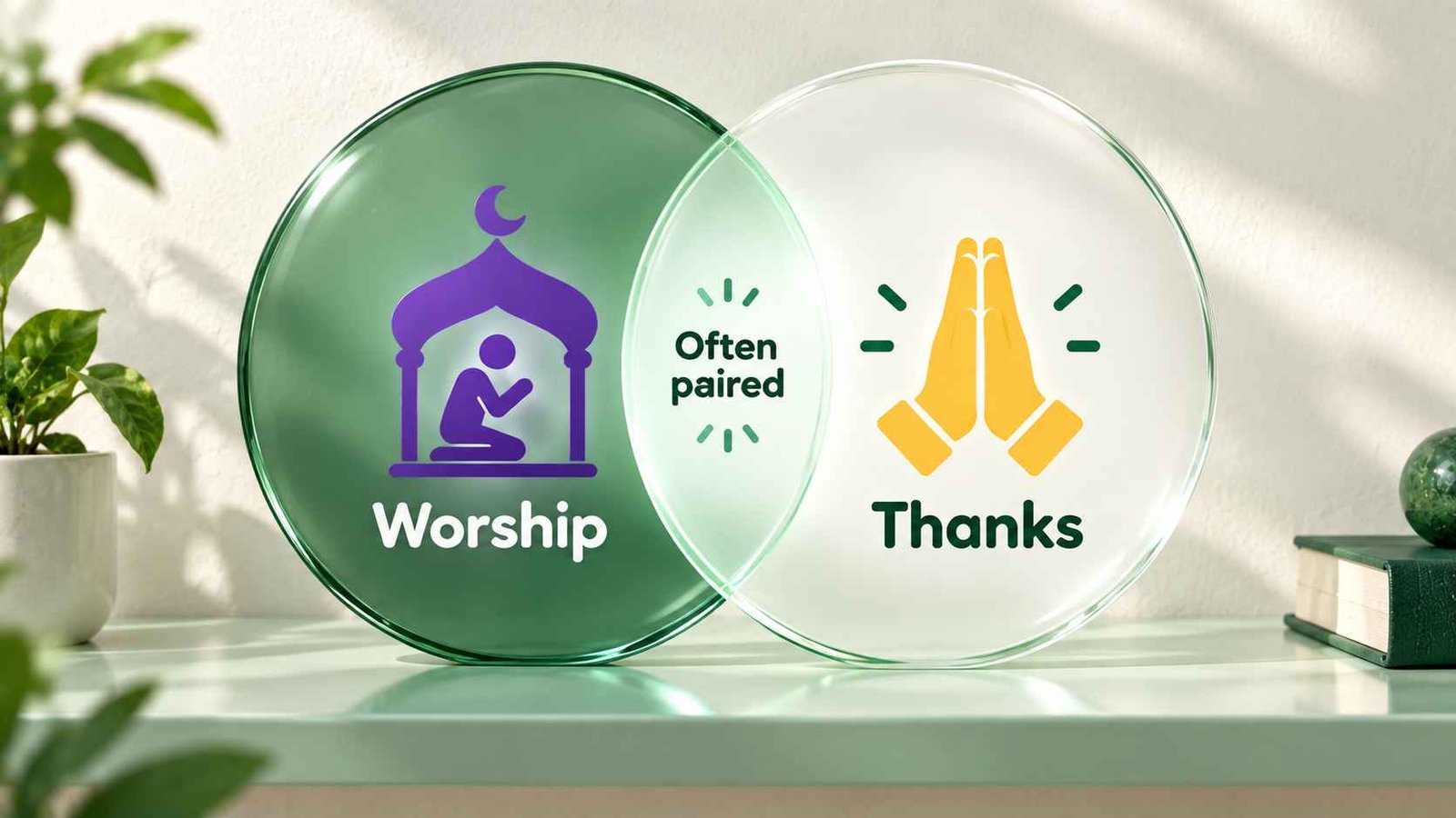 Two overlapping frosted glass discs, one showing a place of worship icon and one showing folded hands, with a glowing overlap