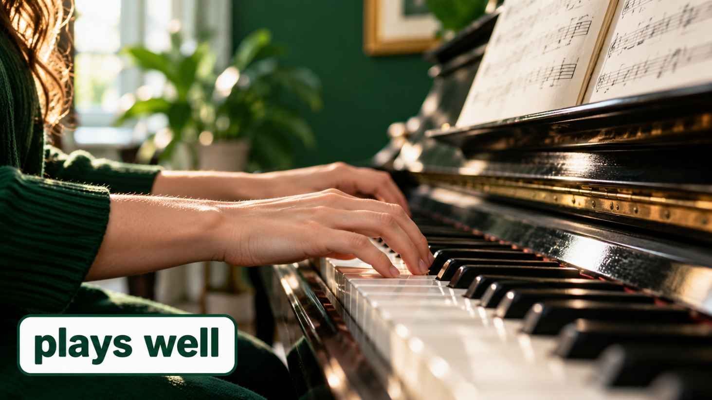 Close-up side view of a pianist's hands playing an upright piano with a small white label reading plays well.