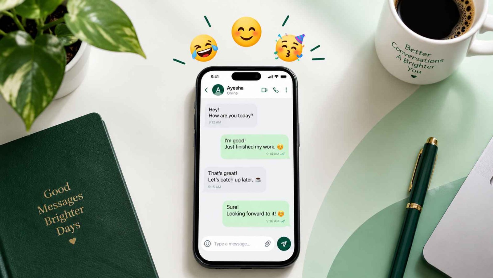 Overhead flat-lay of a phone chat with floating happy emoji illustrating the meaning of happy emoji memes