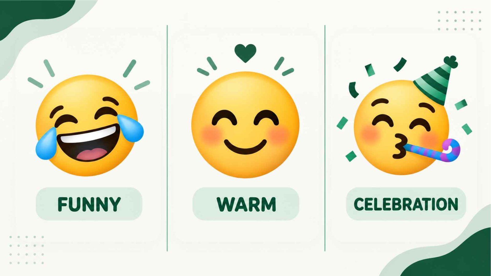 Illustrated grid of three happy emoji faces labeled funny, warm, and celebratory to show different shades of meaning