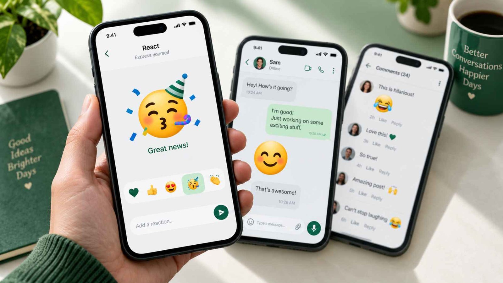 Hand holding a phone beside two other phone screens showing different happy emoji reactions across social apps
